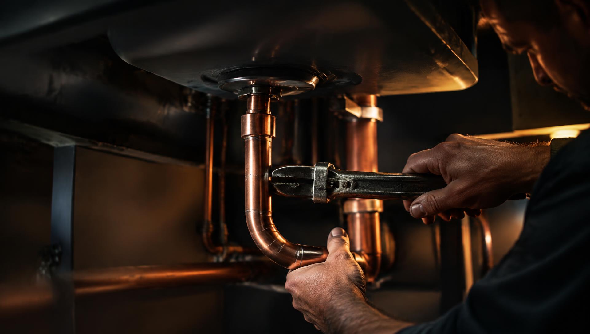 Plumber tightening copper pipes